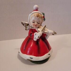 VTG Napco Christmas Holly Angel Girl w/ Violin Music Box Plays Silent Night